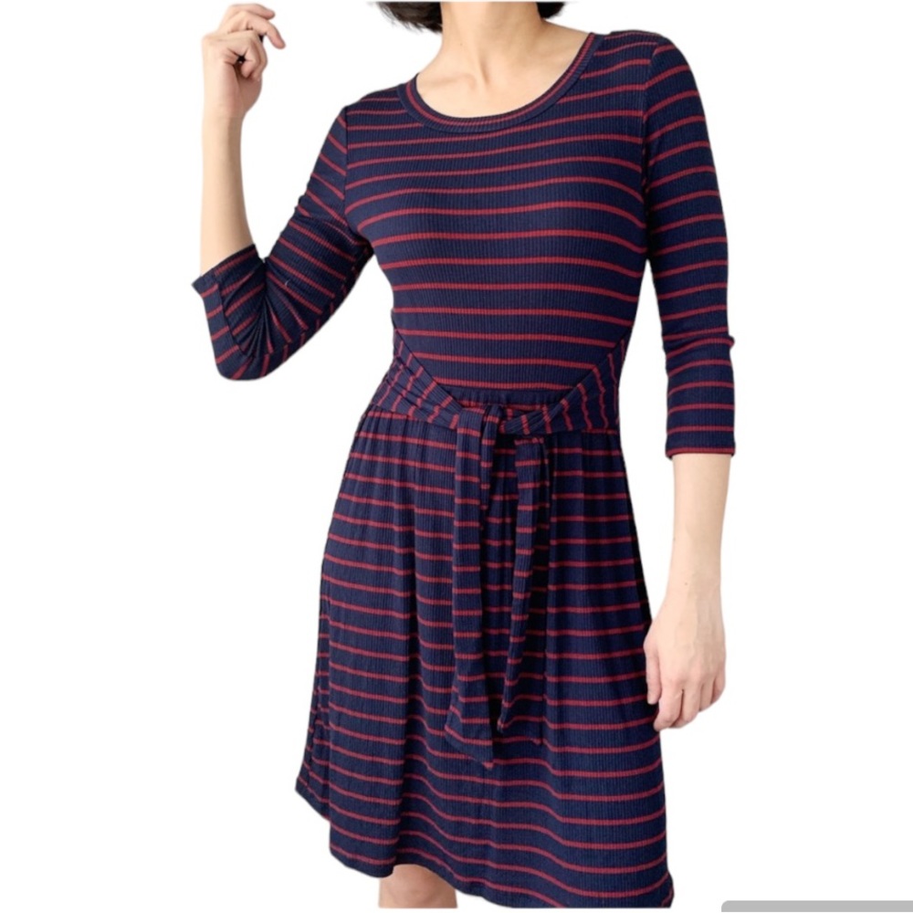 DARK BLUE AND RED CREW NECK STRIPED DRESS